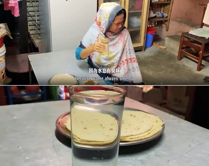 圖為紀(jì)實(shí)短片截圖:上圖為水質(zhì)未改善前,飲用水發(fā)黃渾濁;下圖為水廠建成后,飲用水水質(zhì)明顯改善,清澈透明。
